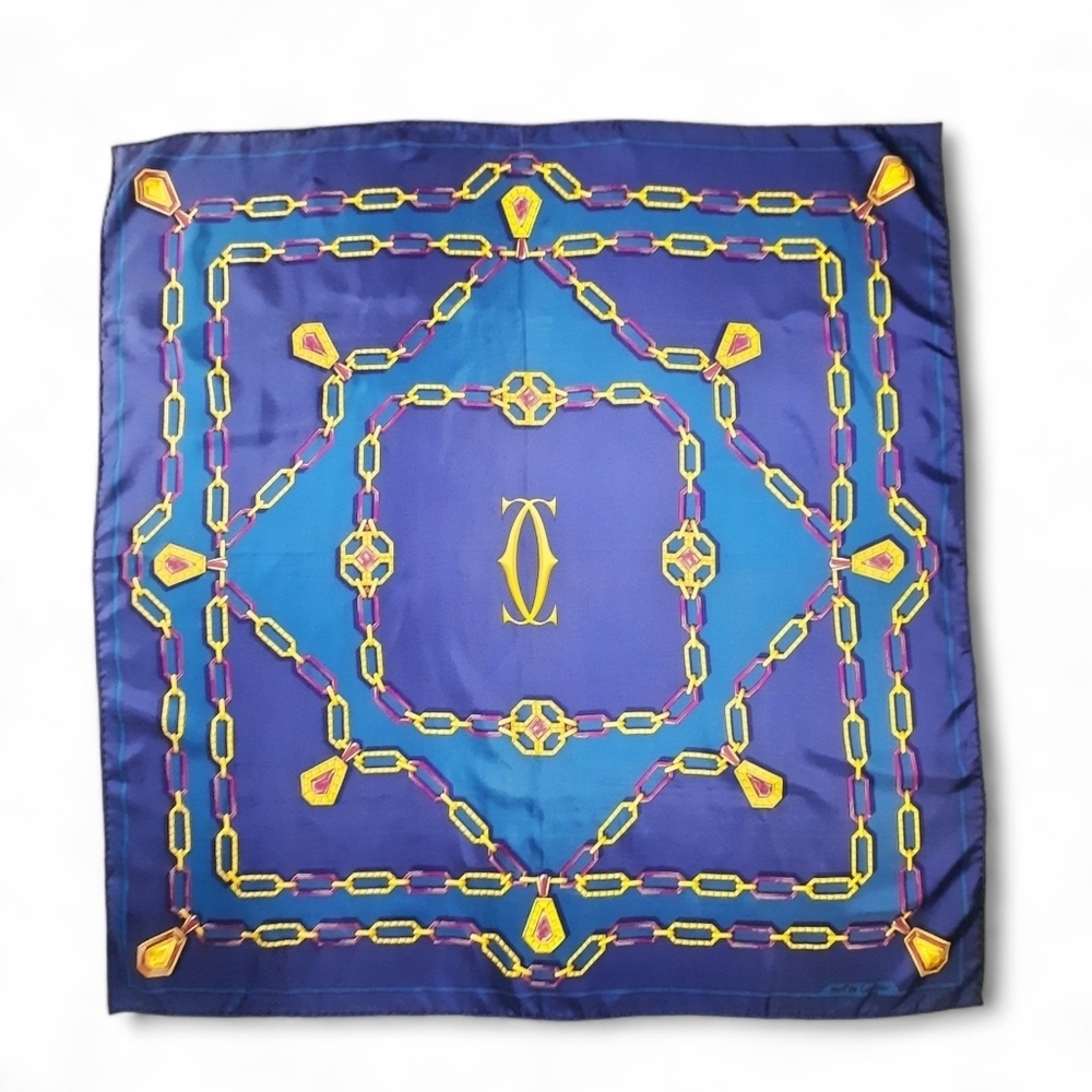 Pristine CARTIER Silk Twill Scarf 90cm Blue Square 35" + Horsebit Scarf Ring - Picture 7 of 13